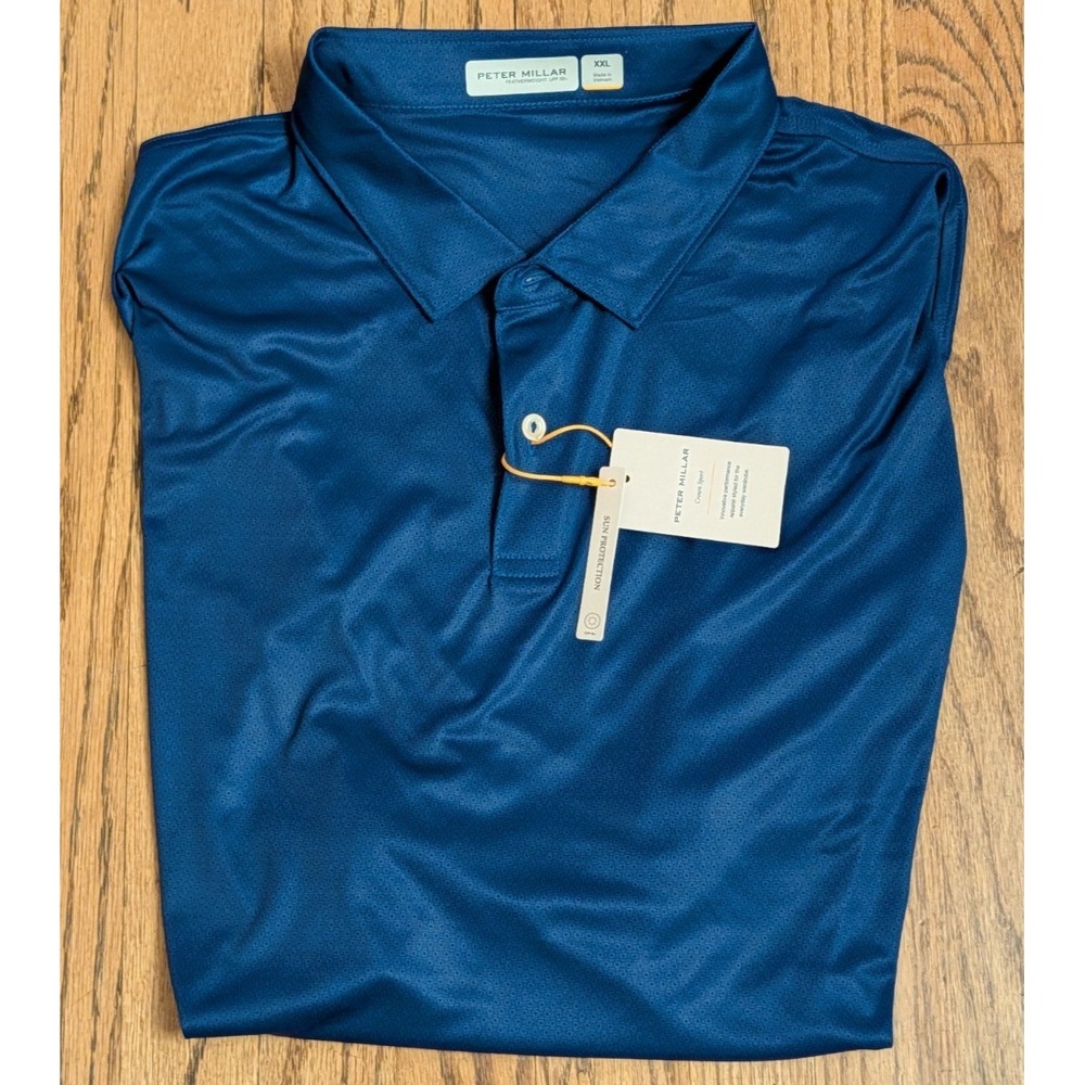 Peter Millar Polo Shirt Featherweight Geo Links Golf Tide Blue Men's 2XL UPF 50+